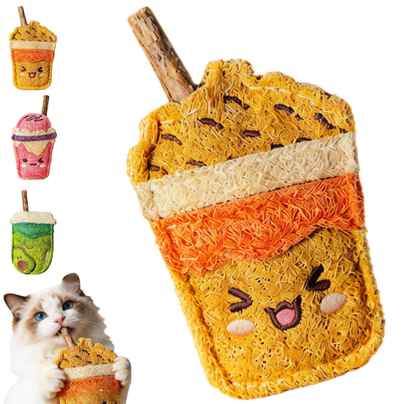 Natural Loofah Chew Cat Toys Janpanese Style, Dental Care Silvervine Sticks for Indoor Cats and Kittens, Milk Tea Cup-Shaped Catnip Treat Toys (Brown) Brown
