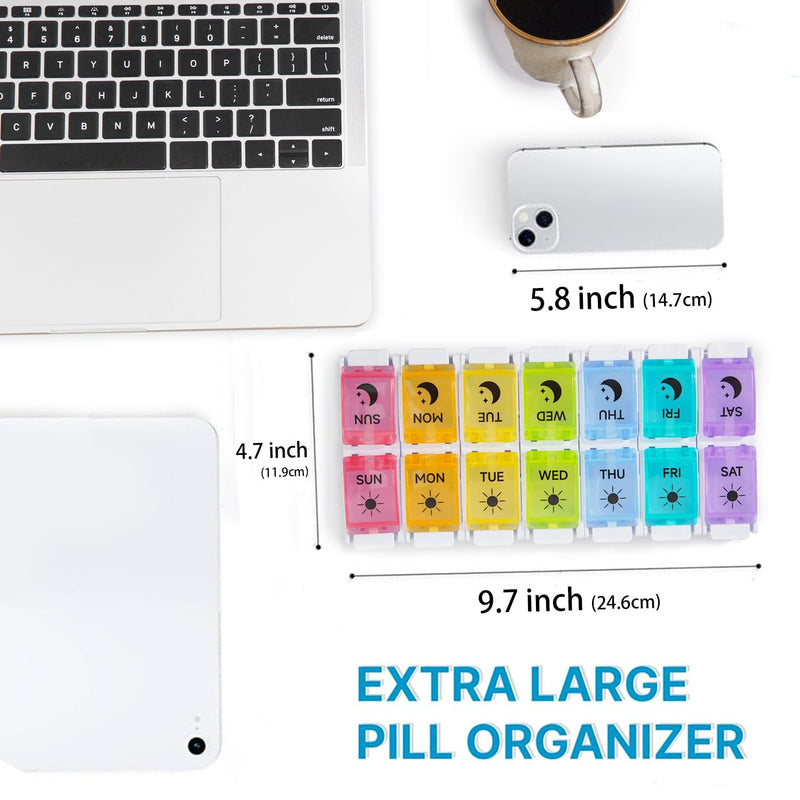 DailyRest Pill Organizer 2 Times a Day, 1 Pack Day Night Pill Case, Detachable Push Button Design, Large Compartment Weekly 7 Day Pill Box, Medicine Organizer for Fish Oil/Vitamins/Supplements 7 Colours