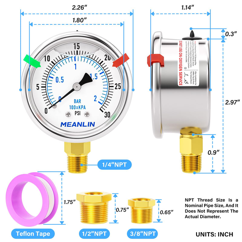MEANLIN MEASURE 0~30Psi Low Liquid Filled Pressure Gauge Stainless Steel 1/4" NPT 2" FACE DIAL for Pool Sand Filter Water Oil Air Pressure Test Lower Mount, with Hex Bushing and 2PCS Snaps 0-30 Psi