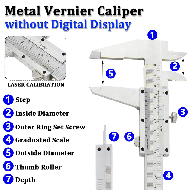 Non Digital Vernier Caliper, 6"/150mm Stainless Steel Caliper Measuring Tool, High Precision Micrometer Carbon Caliper, 1/128" & 0.05mm Dual Reading Scale
