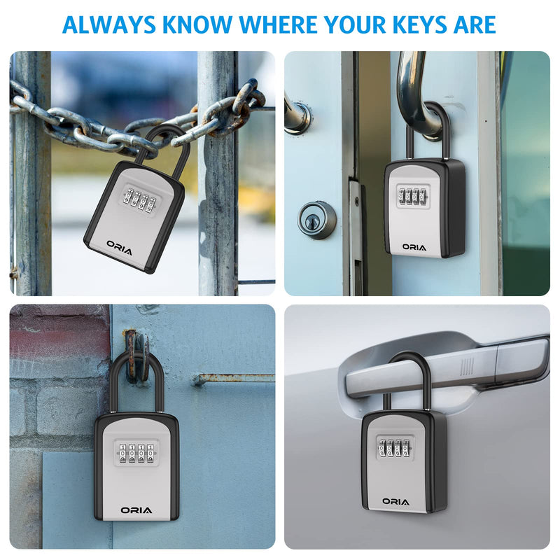 Key Lock Box, [2 Pack] Wall Mounted Key Safe Box, Weatherproof 4 Digit Combination Key Storage Lock Box, 5 Keys Capacity Lockbox with Removable Shackle for Indoor Outdoor, School Supplies Silver