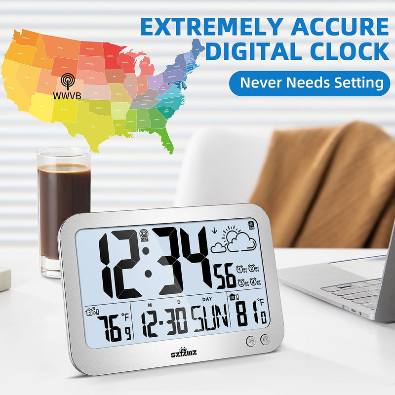Atomic Clock, 10" Digital Clock Large Display, Wall Clocks Battery Operated with Backlight, Wireless Outdoor Sensor, Alarm Clock Indoor Outdoor Temp, 4 Time Zones, Auto DST, Clock for Bedroom (Sliver) Sliver