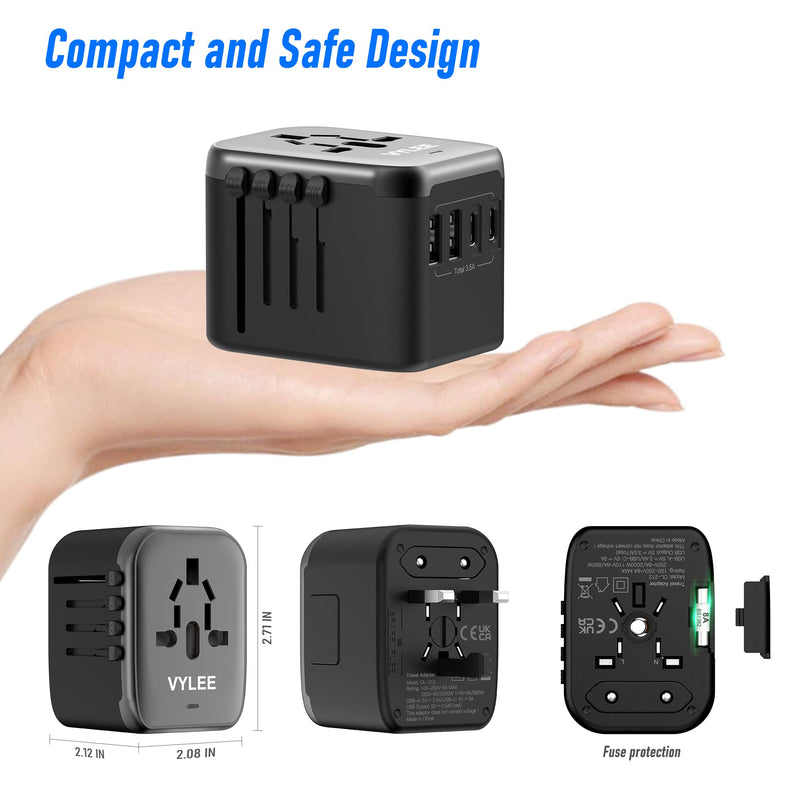 Universal International Power Travel Plug Adapter, 5 in 1 European Travel Plug Adapter W/ 3.5A 2xUSB-A and 2xUSB C Wall Charger and Worldwide AC Outlet for Europe USA UK AUS Asia (Black Grey) Regular Black Grey