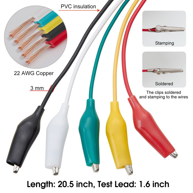 WGGE WG-026 10 Pieces and 5 Colors Test Lead Set & Alligator Clips,20.5 inches / 22 AWG Wire (3 Pack) 3 PACK