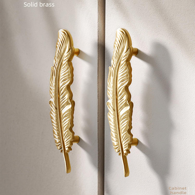 2PCS Solid Brass Feather Cabinet Drawer Handle Knob, Gold Feather Drawer Cabinet Handle Small Handles Modern Minimalist Handles Knobs for Bathroom Kitchen Wardrobe (Hole spacing:96mm) Hole spacing:96mm