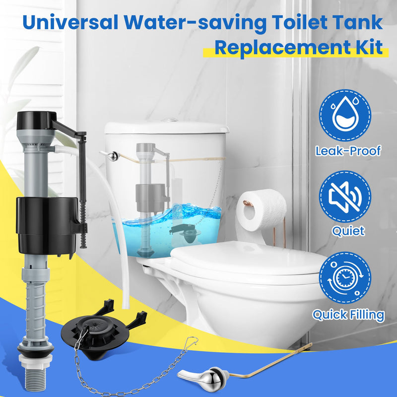 Saillong Universal Toilet Tank Replacement Kit, Include Toilet Fill Valve, 2 Inch Low Flow Toilet Rubber Flapper, Side Mount Toilet Flush Brass Handle(Dark Grey, Black,1 Set) Dark Grey, Black 1