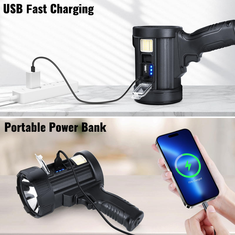Rechargeable Spotlight,99,000 LM Super Bright Handheld Spot Light LED Flashlight High Lumens,Powered Spotlight Large Searchlight Outdoor with Solar Panels & COB Light for Boat Camping Hunting