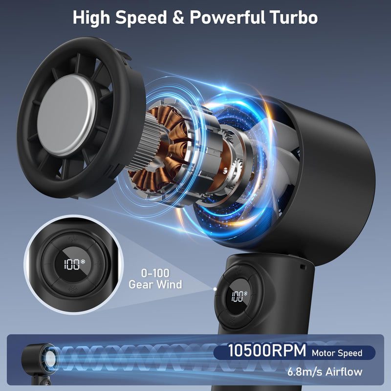 CIVPOWER Handheld Fan: Portable Small Ice Cooling Plate- 4000mAh Rechargeable 100 Gear High-Speed Turbo 10500 RPM - Personal Foldable Battery Operated for Travel Indoor Outdoor Women Men (Black) Black