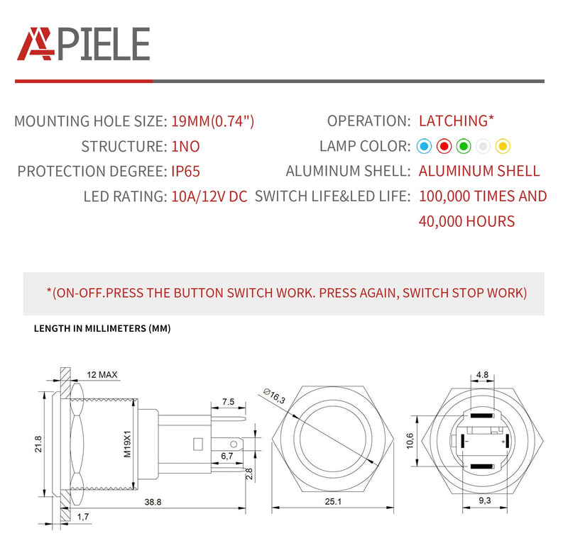 APIELE 10 Amp 19mm Latching Push Button Switch 12V SPST LED Waterproof Round Self-Locking 1NO (Black Aluminum, Blue) Black Aluminum
