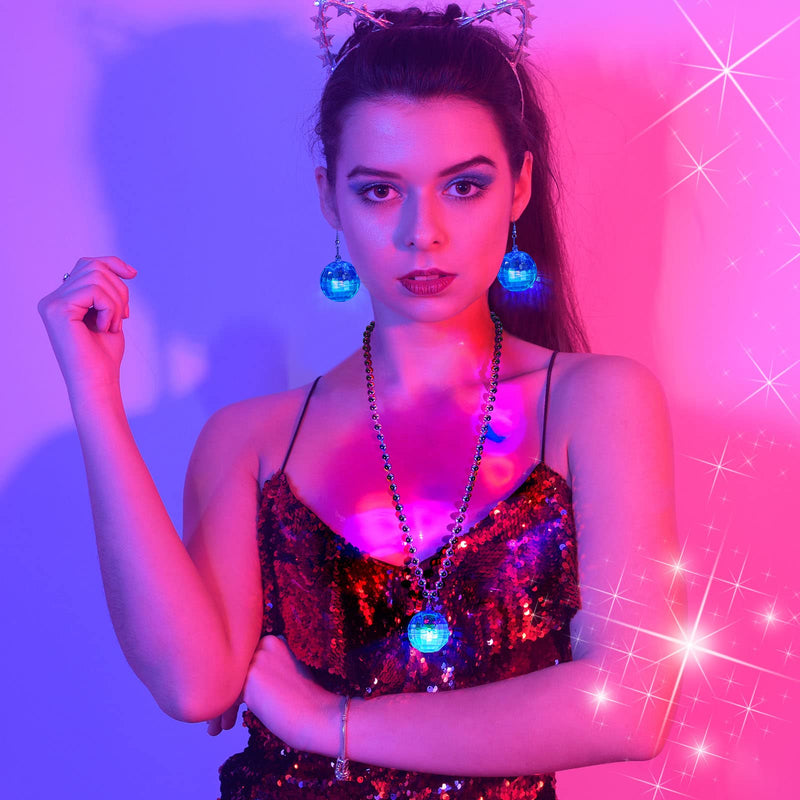 Sasylvia 2 Pcs LED Disco Ball Necklaces Light up Disco Party 70s Necklace And 2 Pairs Light up Disco Ball Earrings Sets for Birthday Disco Party Favor Halloween Christmas Gifts(Multicolor)