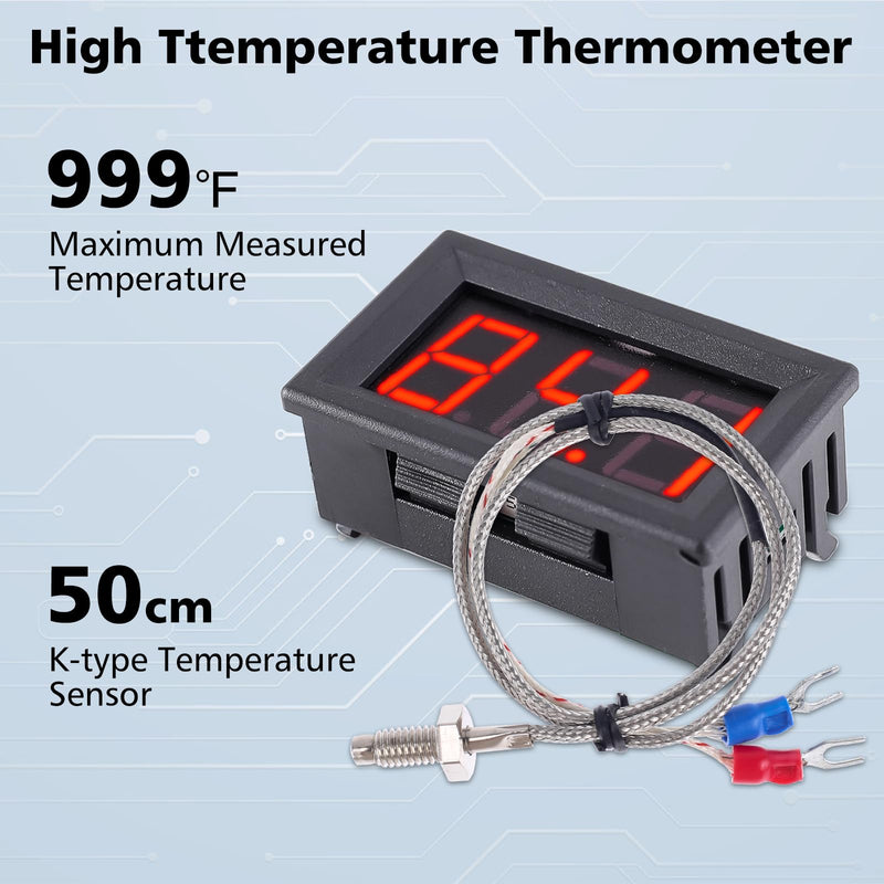 PEMENOL 12V Red Fahrenheit Digital Temperature Meter -76F~999F LED Display with Industrial Grade 0.5m K-Type Thermocouple Temperature Sensor M6 1 Pc