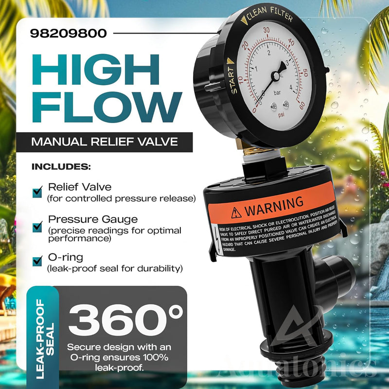 98209800 Includes 98209803 High Flow Air Relief Valve, Pressure Gauge 190058 Replacement for Quad DE, FNS, SMBW2000, 4000 Series – Pre-Installed Teflon Tape – 1-Pack 98209800 - Air Relief & Gauge Replacement