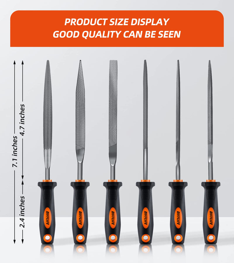 7'' Needle File Set (Carbon Steel 6 Piece-Set) File Handles, Hardened Alloy Strength Steel - Set Includes Flat, Flat Warding, Square, Triangular, Round, and Half-Round File (6-Piece) 7'' File Set- 6 Piece