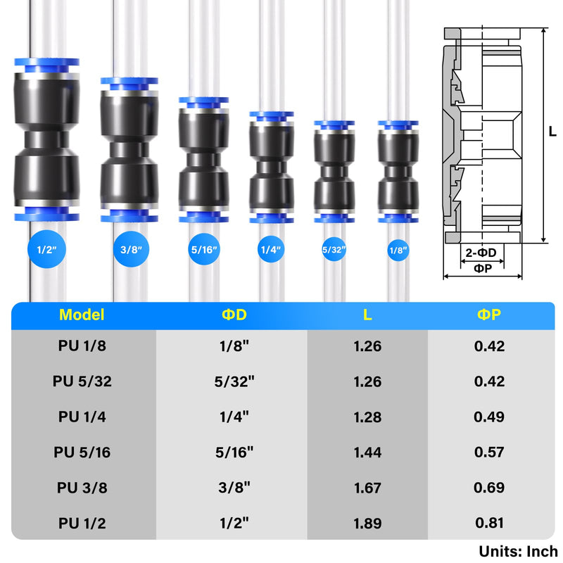 TAILONZ PNEUMATIC 60 pcs Straight Push Connectors Plastic Quick Release Connectors Air Line Fittings for 1/8 5/32 1/4 5/16 3/8 1/2Tube (2 Way) 1/8"/5/32"/1/4"/5/16"/3/8"/1/2"OD