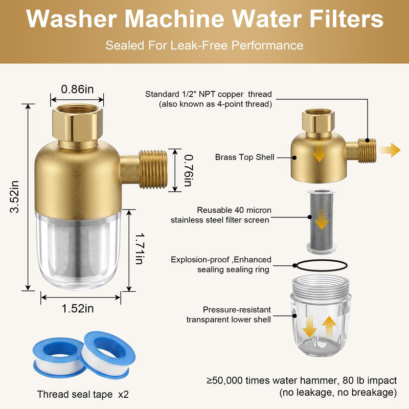 Washing Machine Inline Water Filter 2 Pack, Brass Sediment Filters