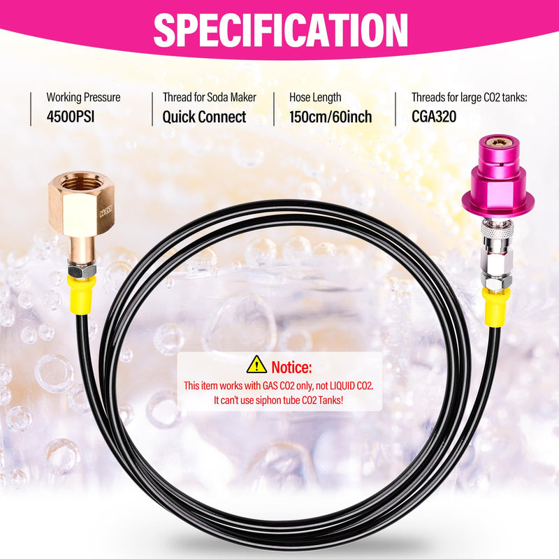 CO2 Quick Adapter with 60in High-pressure Hose, CO2 Quick-Connect Compatible with Duo/Terra/Art/E-Duo/E-Terra/Crystal 3.0/GAIA Soda Maker, CGA320 Valve for Large CO2 Tank