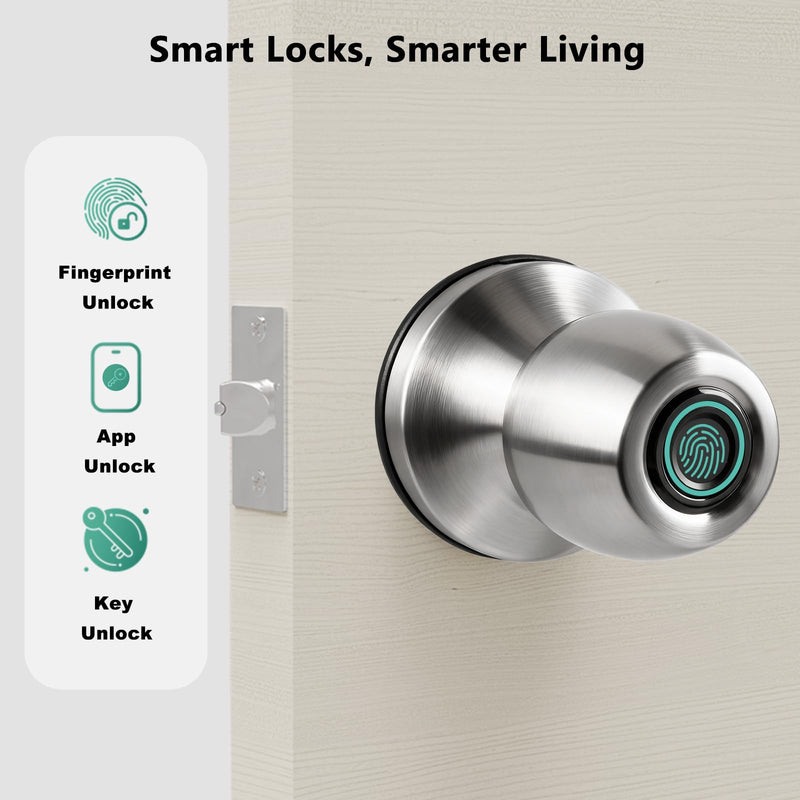 Fingerprint Smart Door Knob, Biometric Keyless Entry Door Lock with App Control & Backup Keys, Thumbprint Round Door Lock, Suitable for Home, Bedroom, Office, and Apartment Sliver