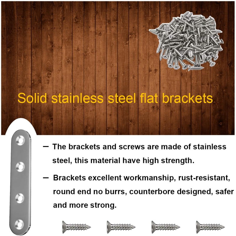 24 Pack Straight Brace Brackets 3 Inch Stainless Steel Flat Mending Plates, Heavy Duty Repair Fixing Joining Brackets for Wood Furniture with Screws 3"/ 80mm (24Pcs)