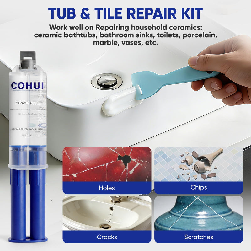 Porcelain Repair Kit White - High-Gloss Fiberglass Bathtub Tile Tub Repair Kit for Chips Cracks Scratches Rust Holes - Porcelain Sink Repair Kit for Ceramic Acrylic Tubs Toilets Fiberglass Shower
