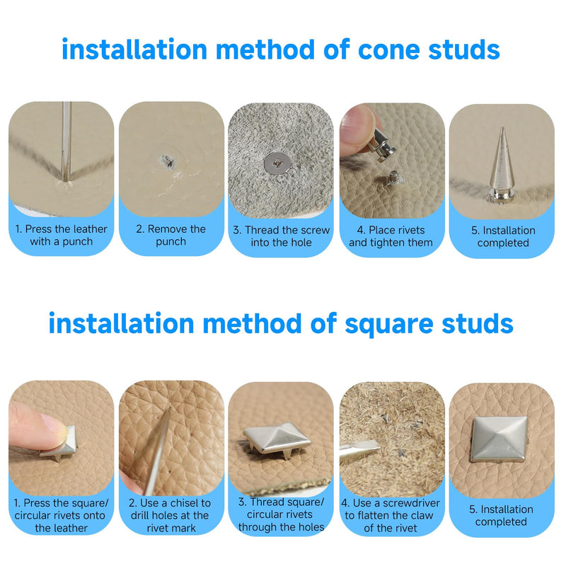 Lohoee 543 Sets Punk Studs and Spikes Kit，8 Size Cone Spikes, Square Pyramid Studs Round Leather Rivets for Leathercraft Clothing Accessories Dog Collar DIY Punk Style Decoration
