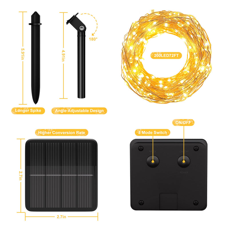 200 LED 72Ft Solar String Lights for Outside, Solar Fairy Lights for Outside Waterproof with 8 Modes, Solar Lights Outdoor for Patio Tree Christmas Party Wedding Decor(Warm White) 1 Pack Warm White