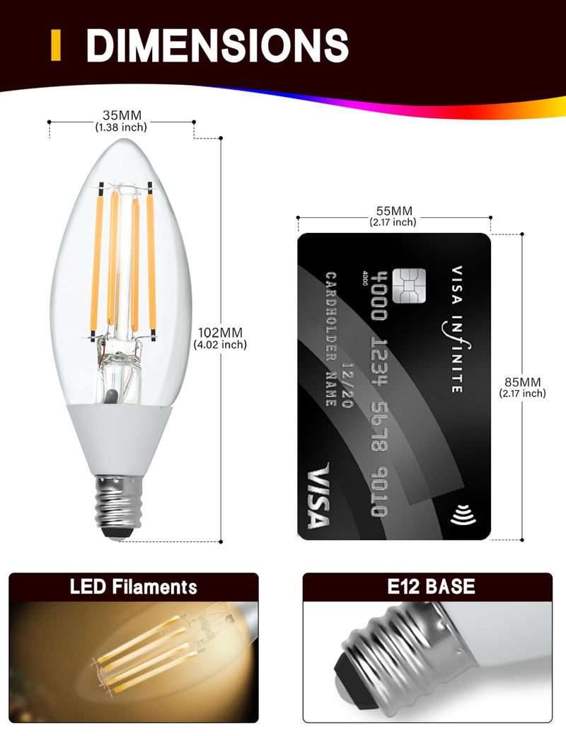 Dusk to Dawn LED Outdoor Light Bulb, Candelabra Light Bulbs Outdoor, 5W Equivalent 40W, 3000K Warm White, 500LM, Edison E12 Base B11, Photocell Sensor for Porch Sconces Patio Garage, 6 Pack