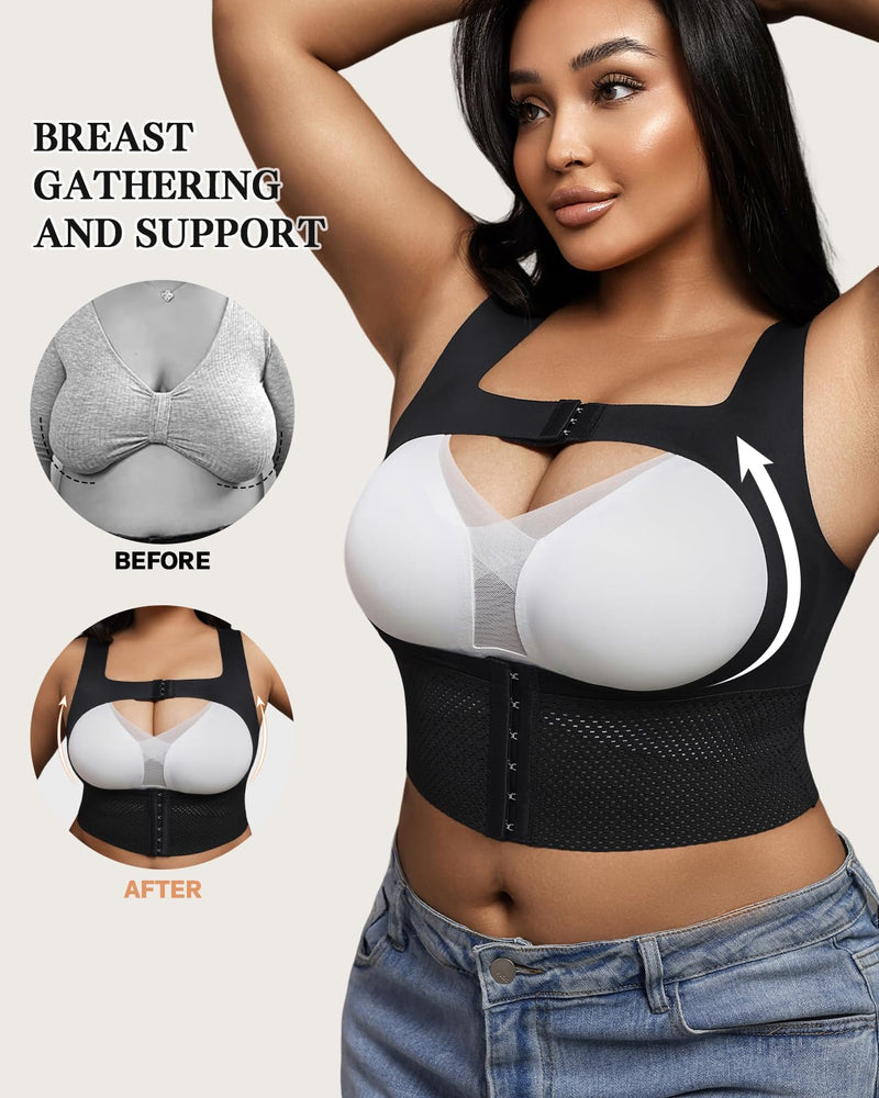 Post Surgical Compression Bra for Women, Mastectomy Front Closure Vest with X-Back Posture Control Black 4X-Large