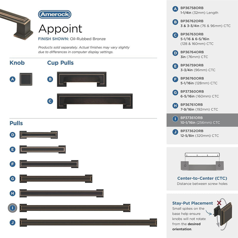 Amerock BP37361ORB | Oil Rubbed Bronze Cabinet Pull | 10-1/16 inch (256 mm) Center to Center Cabinet Handle | Appoint | Drawer Pull | Kitchen Cabinet Handle | Furniture Hardware