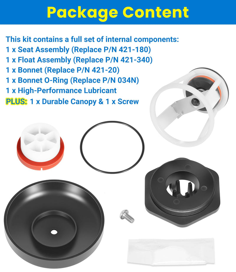 Toolixor RK12-420 Repair Kit Compatible with Zurn Wilkins 1/2" & 3/4" Model 420 and 420XL Pressure Vacuum Breaker (PVB), Complete Maintenance Kit with Seat, Float, Bonnet, O-Ring, Canopy & Screw