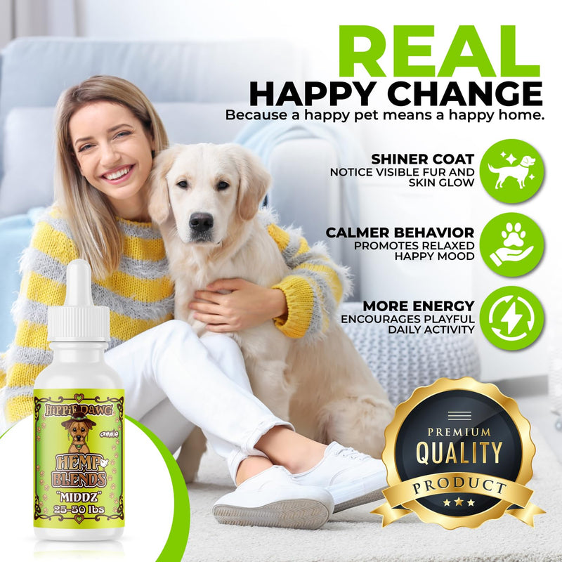 Hippie Dawg Middz Hemp Oil for Medium Dogs (26-50 lbs) - Advanced Hip and Joint Support with Glucosamine, Collagen & Hyaluronic Acid - Natural Calming Tincture for Recovery & Wellness - 1oz