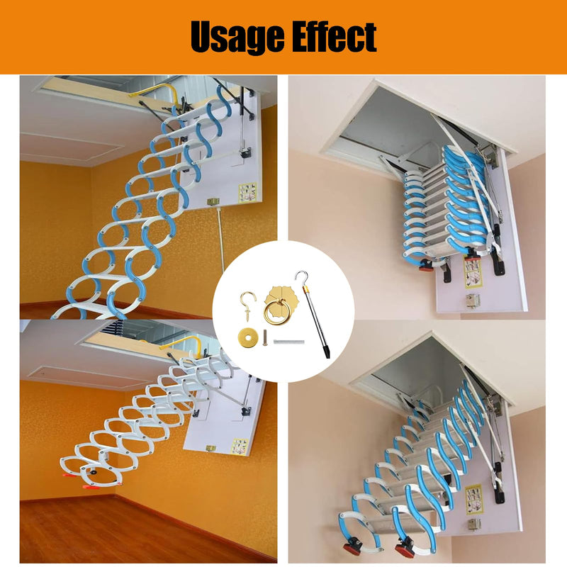 Ladder Pull Down System Kit - BCEHACBITI Attic Pull System Hook Cord Set Replacement for Cord Ropes with 60 Inch Extension Pole and Copper Storage Hook Handle Parts Tool