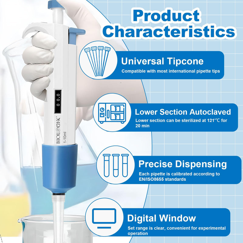 Micropipette, 1-10ml Adjustable Single Channel Pipette, 1000-10000ul Manual Variable Volume Pipettor for Laboratory Scientific