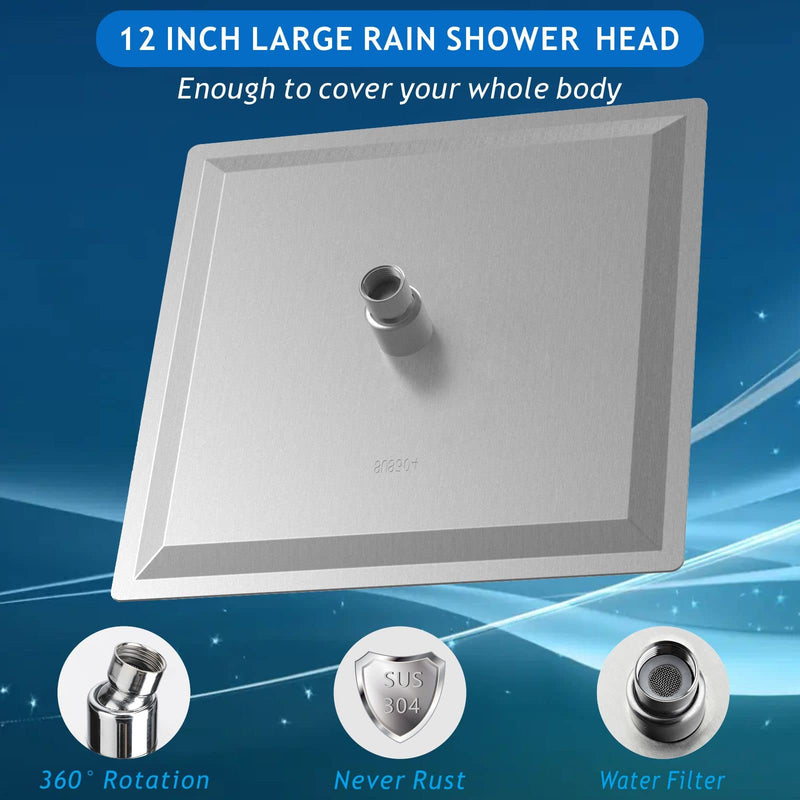 Voolan Rain Shower Head - High Flow Large Rainfall Shower Heads Made of Stainless Steel - Waterfall Bathroom Square Showerhead - Ceiling or Wall Mount (12" Brushed Nickel) 12 Inch