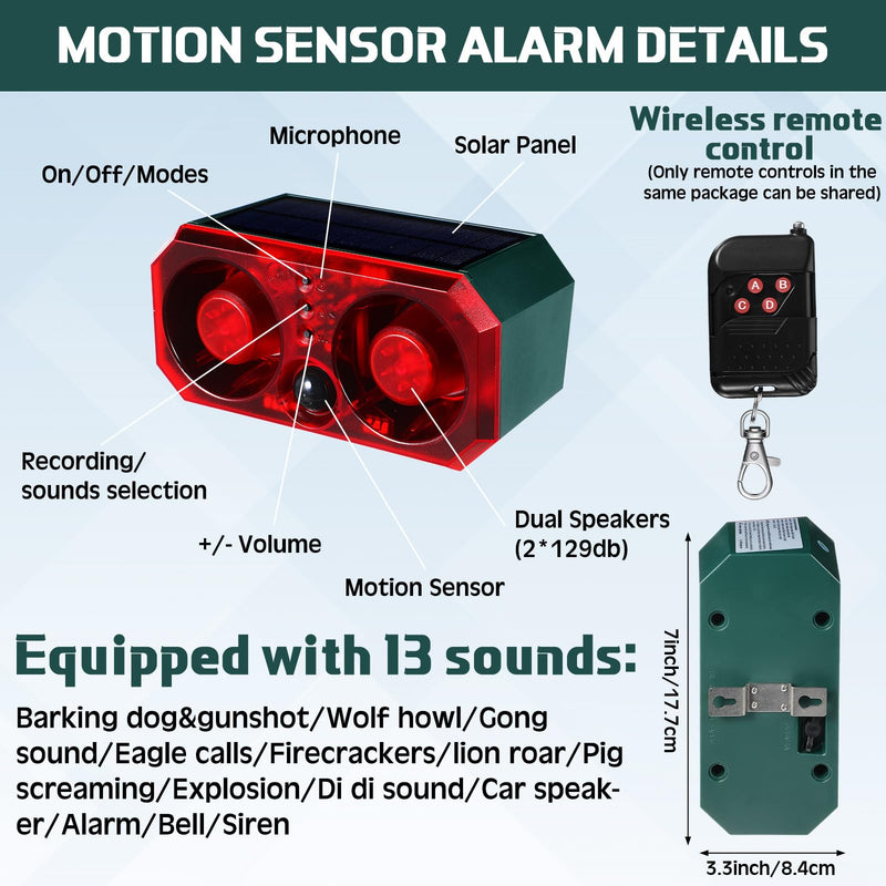Qualirey 2 Pcs Solar Outdoor Motion Sensor Alarm with Stake Animal Deterrent Dog Barking Sensor 13 Sound 130db Loud Noise Maker 4 Mode with USB Remote Control Support Recording Volume Adjustment
