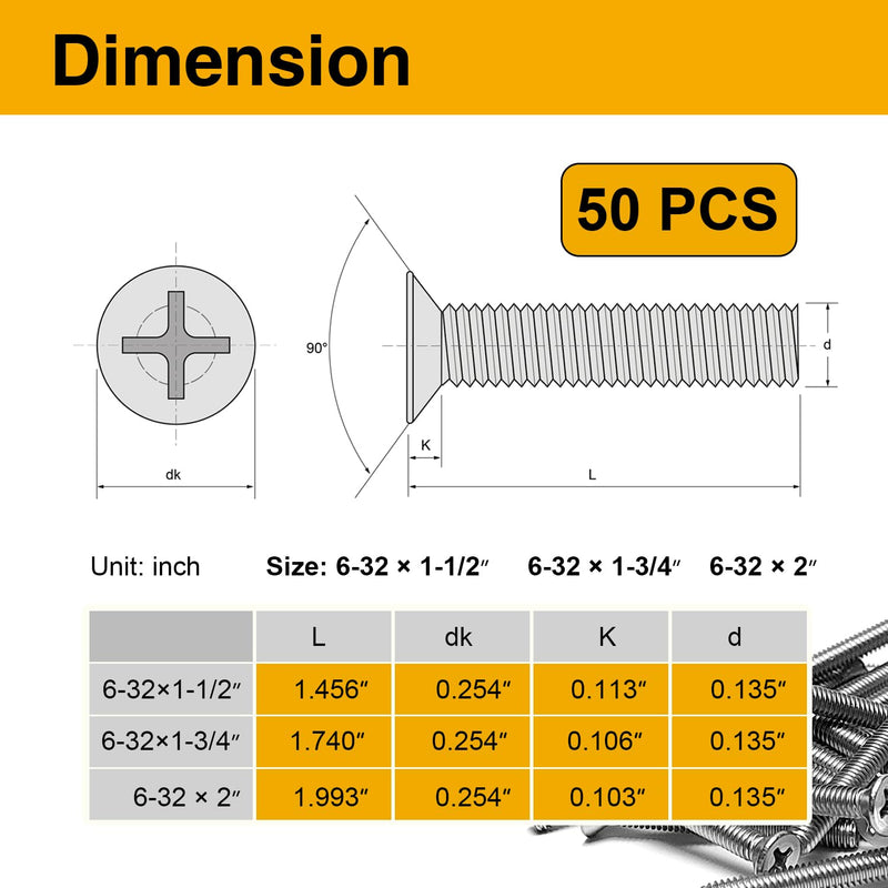 50PCS Machine Screws, Extra Long 6-32 x 1-1/2", 1-3/4", 2", Stainless Steel Outlet Extender Screws for Fixing Wonky and Sunken Electrical Outlets, Device Mounting, and Receptacle Repairs 50Pcs Mix