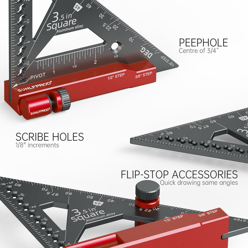 Small Carpenter Square Tool with Flip-Stop 90 Degree Mini Carpenter Square Precision Woodworking Machinist Measuring Square Making Gauge Triangle Square Ruler (Aluminum, Red-Gray) Aluminum