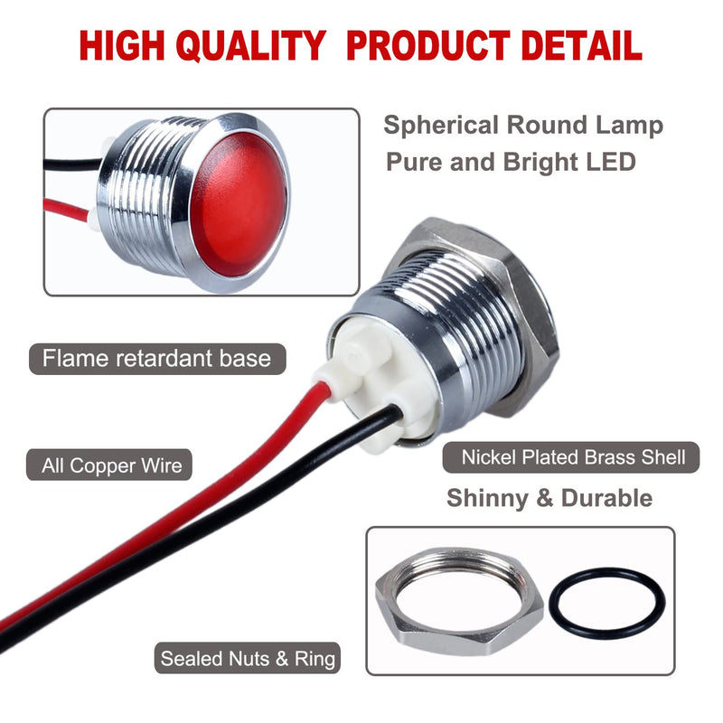 2Pcs 16mm 12V-24V 20mA Metal Energy Saving LED Indicator Light Spherical Round Signal Lamp 0.47" Mounting Hole Waterproof with 15cm/5.91in. Wire for Car Truck Boat Red LED