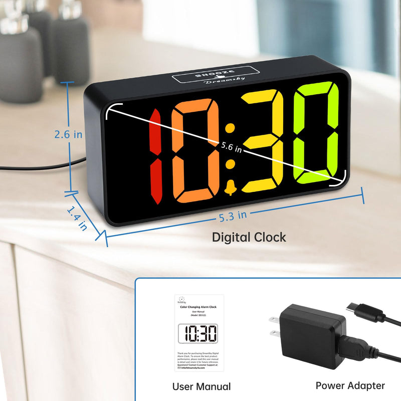 DreamSky Small Digital Alarm Clocks for Bedrooms - RGB Electric Alarm Clock for Kids Bedside Nightstand, Desk Clock with Large Numbers, Dimmer, Adjustable Alarm Volume, USB Port, USB-C Adapter Powered Black Case Rgb Digits