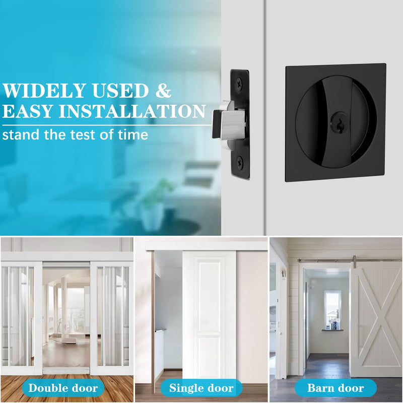Pocket Door Hardware Matte Black Pocket Door Lock with Keys Contemporary Flush Pocket Door Latch and Edge Pull for Bed/Bath/Kitchen/Barn Door (2-3/8" Backset, for 1 3/8" to 2 3/16" Thickness Door) Square60