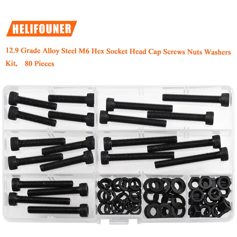 80 Pieces M6 x 30mm /35mm /40mm /45mm /50mm, Hex Socket Head Cap Metric Screws Bolts Washers Nuts Kit, 12.9 Grade Alloy Steel, Fully Threaded, Black M6 x 30/35/40/45/50mm