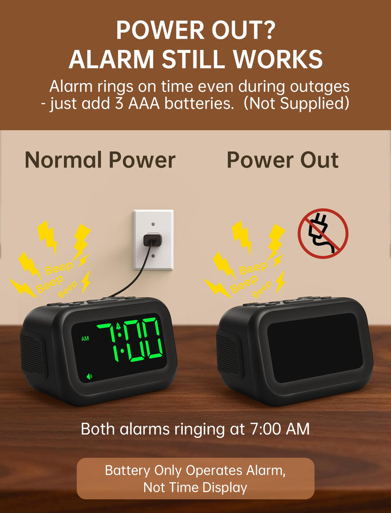Extra Loud Alarm Clock: 115dB Dual Alarms and 6 Unique Alarm Sounds for Heavy Sleepers - Adult Students for Bedroom On-Time Wake-Ups - Green Digits Black - Green Digits