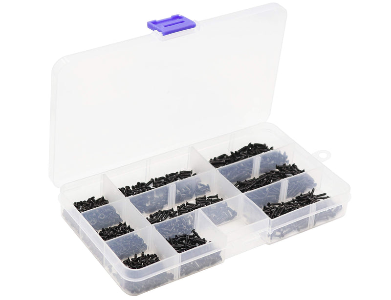 LBY 900pcs M1.7 M2 M2.3 x 5mm / 8mm/ 12mm Flat Head Self-Tapping Sheetmetal Screw Assortment Kit Mini Wood Screws 9 Sizes Combination Carbon Steel Black