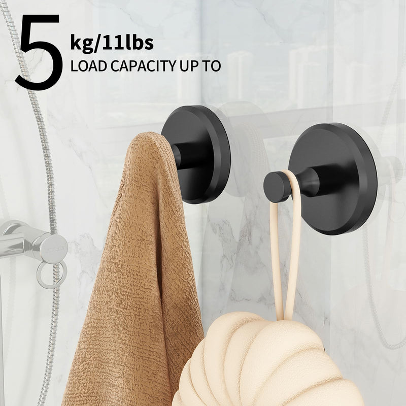 JUYSON Suction Cup Hooks for Shower, Towel Hooks for Bathrooms, Adhesive Shower Suction Hooks for Windows, Glass, Mirror, Tile, No Drill Shower Hooks for Hanging Loofah, Robe, Matte Black, 2 Pack