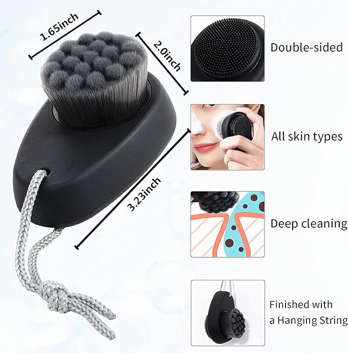 Beomeen Facial Cleansing Brush 2 in 1 Facial Exfoliation Silicone Face Scrubber for Men Double Sided Soft Bamboo Charcoal Microfiber Face Scrub Brush Pore Deep Cleansing with Lid Black - NewNest Australia