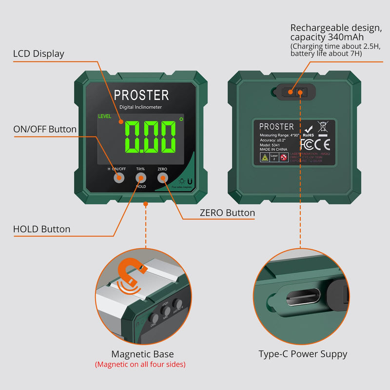 Proster Digital Angle Finder with Laser 4-Side Magnetic Angle Gauge IP54 Waterproof LCD VA Display USB-C Inclinometer Level Box for Woodworking Carpentry Building(Laser Level Class II,Output<1mW)