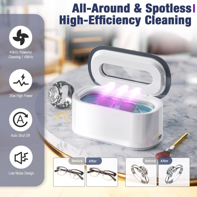 Ultrasonic Jewelry Cleaner, 48Khz 30W Portable Professional Jewelry Cleaner Ultrasonic Machine with Digital Timer, 12OZ Ultrasonic Cleaner for Eyeglasses, Rings, Necklaces, Dentures