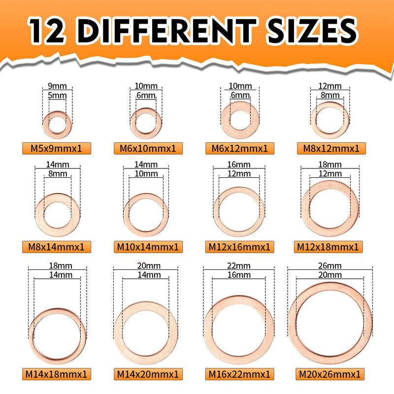 330 Pieces 12 Sizes Copper Washers, Crush Washer, Premium Copper Metric Flat Washers, Copper Sealing Washers Assortment Kit (M5 M6 M8 M10 M12 M14 M16 M20)