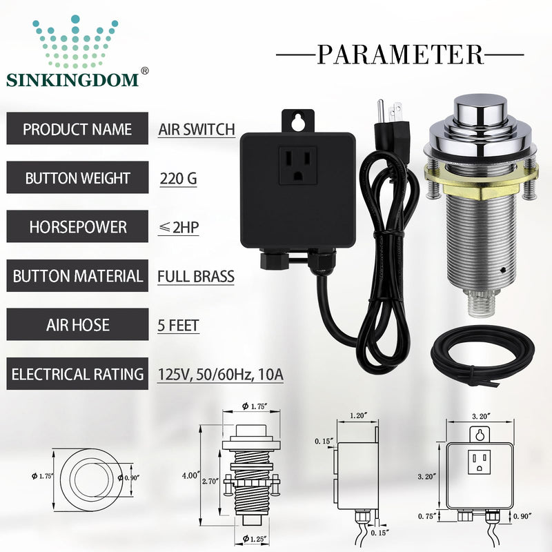 SinkTop Air Switch Kit with Chrome Long Button (Full Brass) for Garbage Disposal, Single Outlet