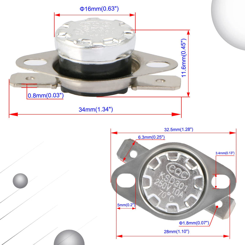Thermal control switch Aopin KSD301 normally closed NC 70 degree 250V 10A thermostat temperature switch 10 PCS 70℃ Nc