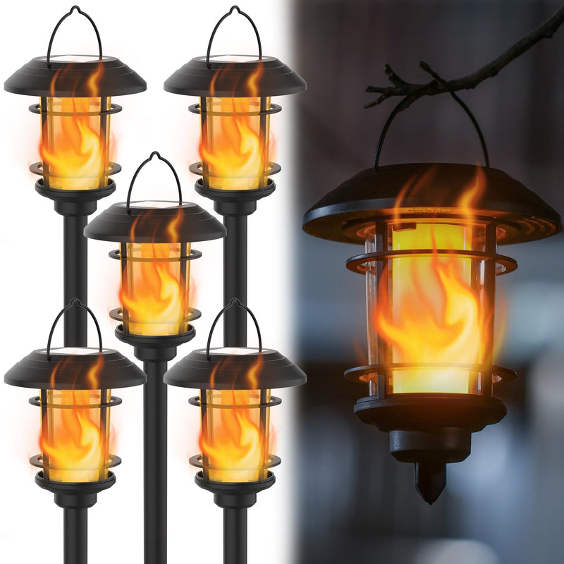 Dynaming 6 Pack Solar Flame Torch Lights Outdoor, Halloween Dual Use Flickering Flame Garden Light, Christmas Hanging Lanterns, Auto On/Off & Waterproof Lighting for Lawn Patio Yard Walkway Driveway Warm White